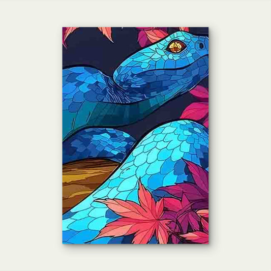Blue-Scaled Snake with Pink Maple Leaves 60x90cm Metal Print Ready to Hang