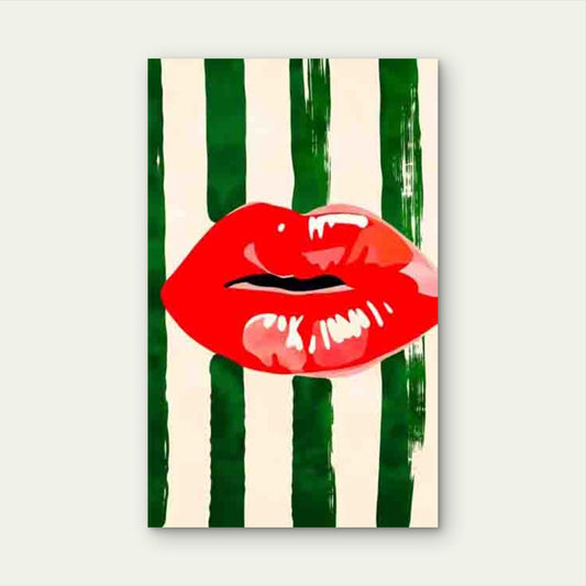 Red Lips In Green And White Stripped Background 60x90cm Metal Print Ready to Hang