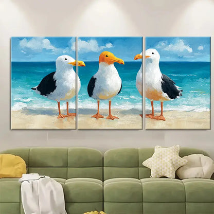 3pcs Seamless Beach Seagulls Coastal Ocean Wall Art Set Canvas Framed 50x70cm - High Quality Print 100% Australian Made Wall Canvas Ready to Hang