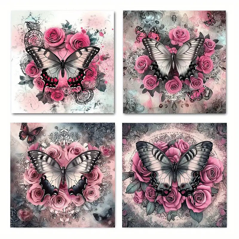 4pcs  Pink Roses & Butterflies PP  Wall Art Canvas Framed