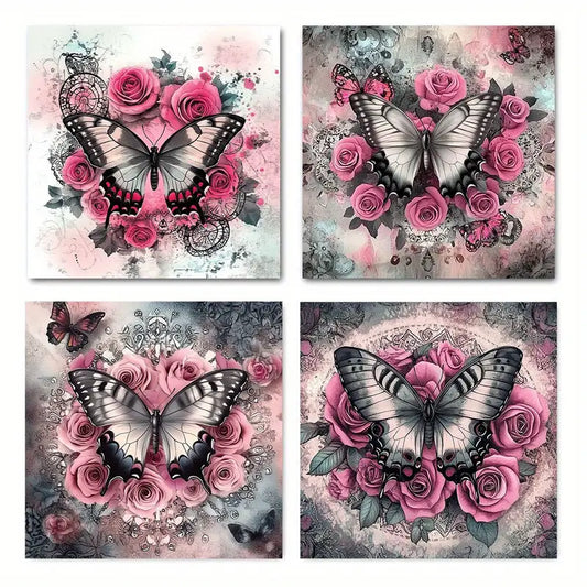 4pcs  Pink Roses & Butterflies PP  Wall Art Canvas Framed
