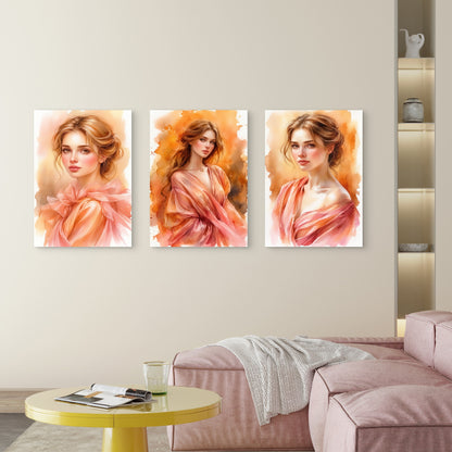 3pcs Elegant Woman Watercolor Portrait Peach Tone Wall Art Set Canvas Framed 40x60cm - High Quality Print 100% Australian Made Wall Canvas Ready to Hang