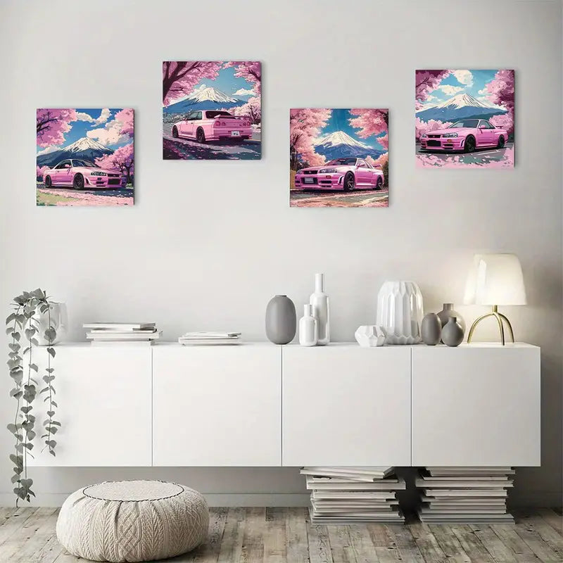 4pcs Vibrant Pink Cherry Blossom & Sports Car Wall Art Canvas Framed