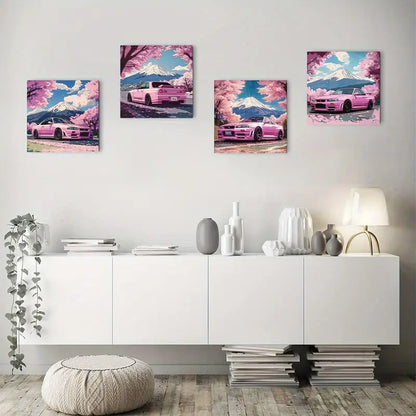 4pcs Vibrant Pink Cherry Blossom & Sports Car Wall Art Canvas Framed