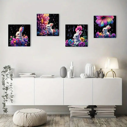 4pcs Vibrant Flower & Rabbit Designs, Watercolor Wall Art Canvas Framed