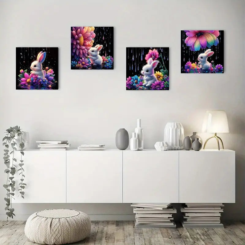 4pcs Vibrant Flower & Rabbit Designs Wall Art Canvas Framed
