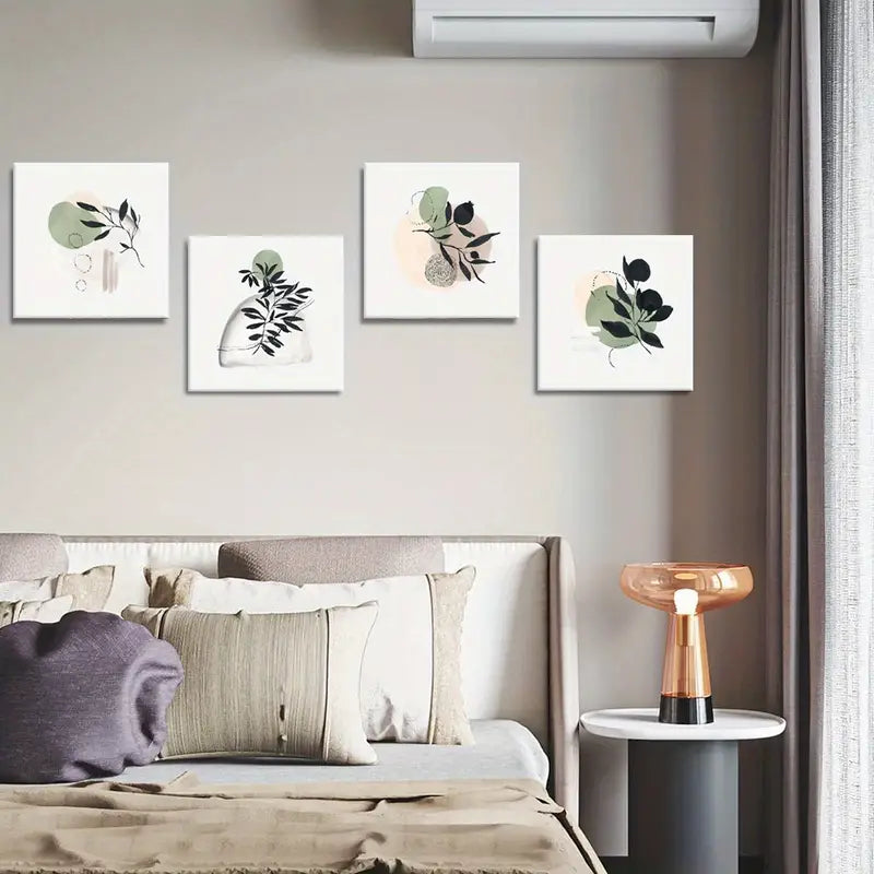 4pcs Black Branches And Leaves Wall Art Canvas Framed