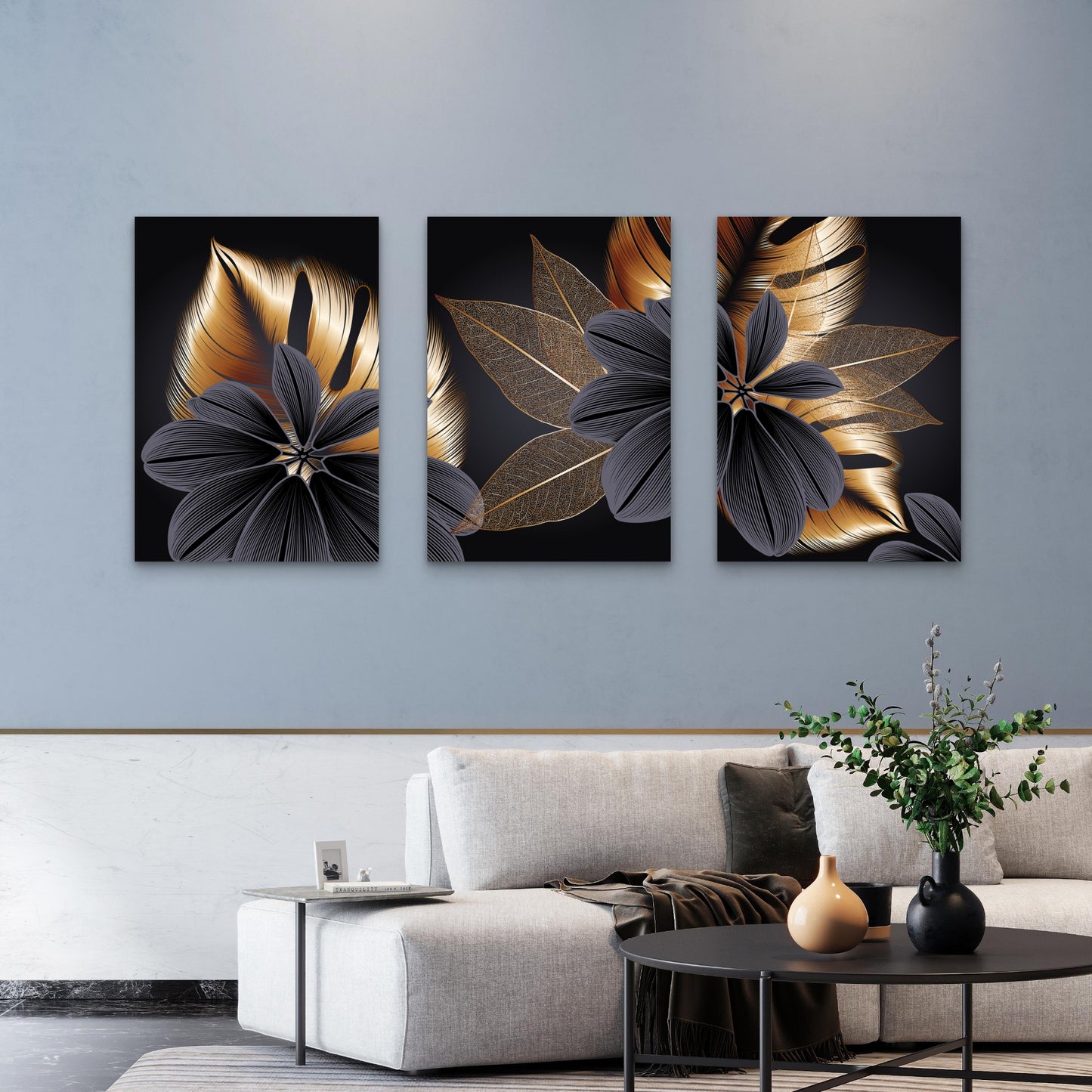 3pcs Gold Black Botanical Tropical Leaf Wall Art Set Canvas Framed 40x60cm - High Quality Print 100% Australian Made Wall Canvas Ready to Hang