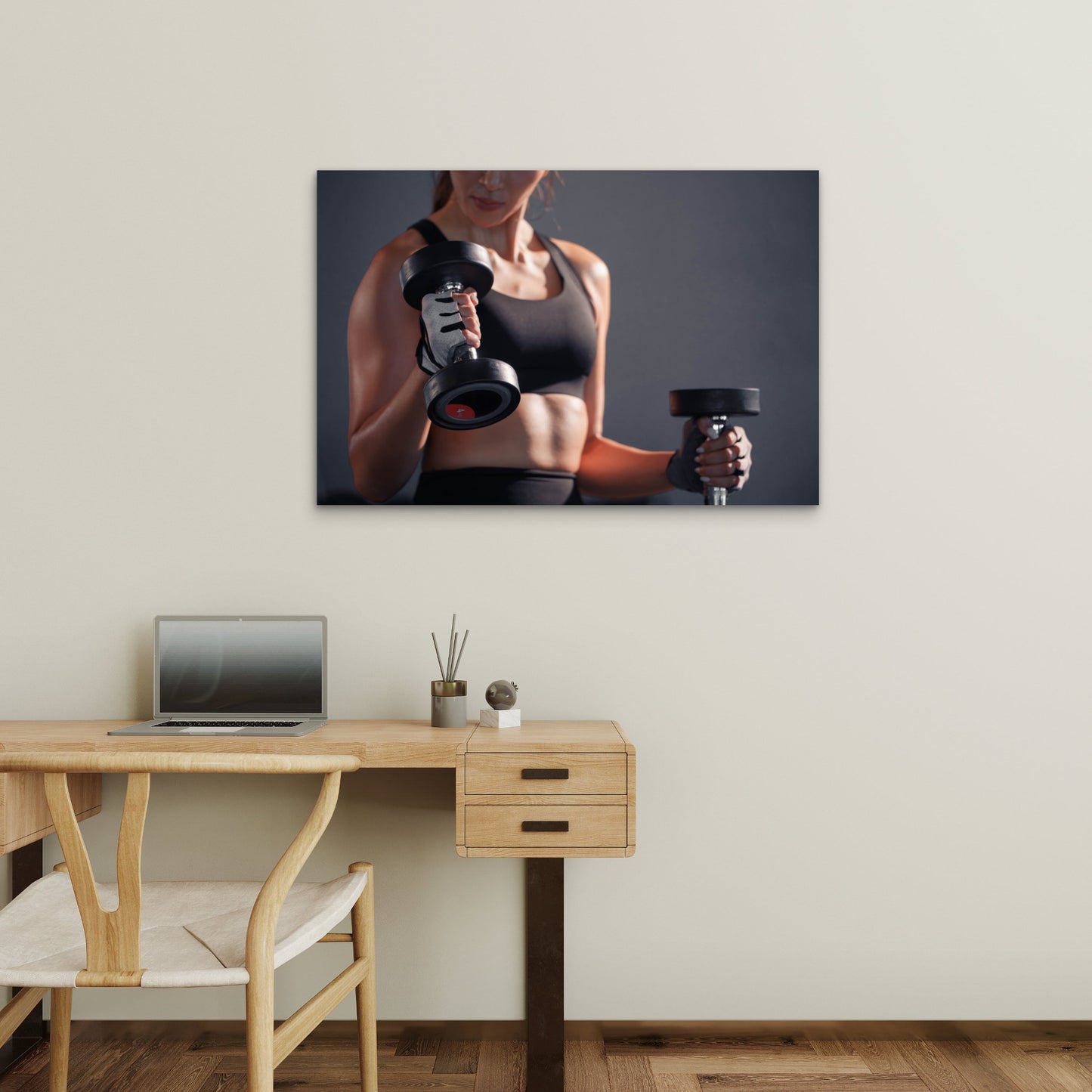 Female Athlete Lifting Dumbbells Gym Fitness 5mm thick Plastic Poster Ready to Hang 90x60cm