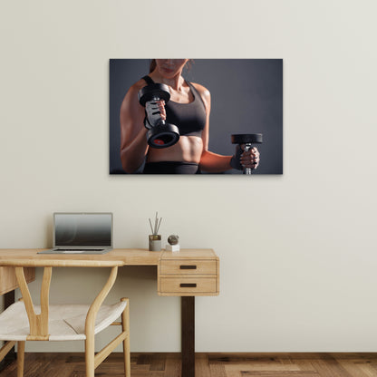 Female Athlete Lifting Dumbbells Gym Fitness 5mm thick Plastic Poster Ready to Hang 90x60cm