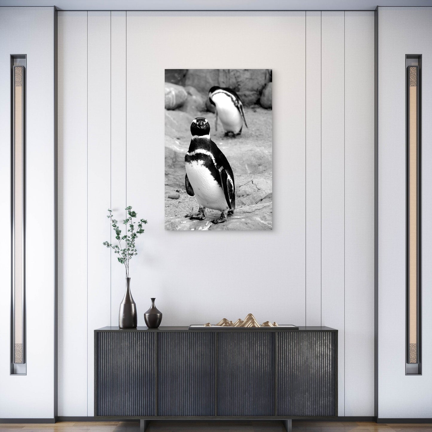White And Black Penguin On Gray Sand Photo 40x60cm Metal Print Ready to Hang