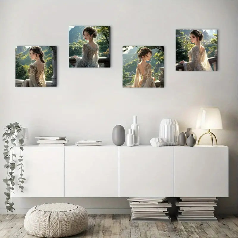 4pcs Elegant Lady In White & Golden Ancient Chinese Style Wall Art Canvas Framed