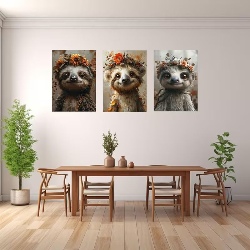 3pcs Cute Autumn Sloth Flower Crown Wall Art Set Canvas Framed 40x60cm - High Quality Print 100% Australian Made Wall Canvas Ready to Hang - Bella Home Decor