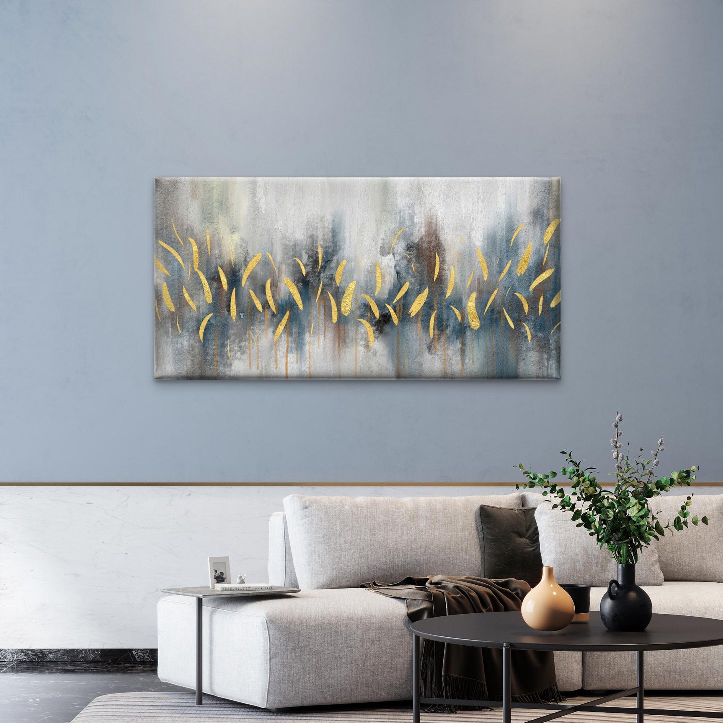 Gold Foil Grey Abstract Wall Art Canvas Office Home Room Framed 120x60cm