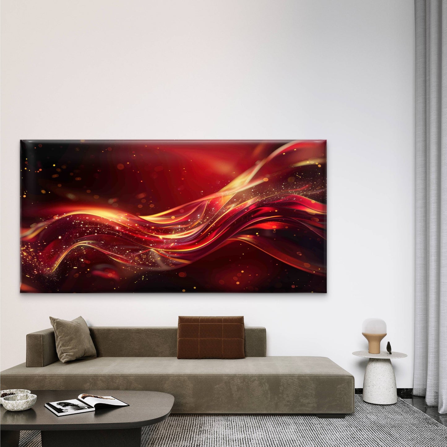 Abstract Gold Line Curve Red Wall Art Canvas Office Home Room Framed 120x60cm