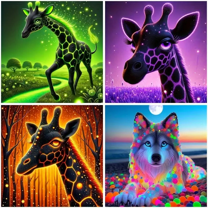 4pcs Sparkling Giraffe And Wolf Dog Pattern Wall Art Canvas Framed