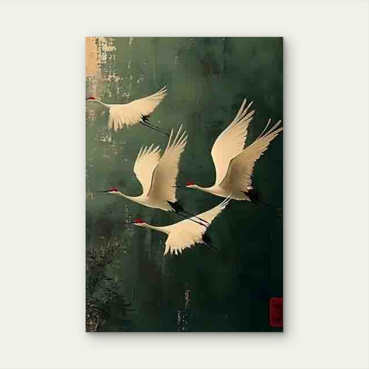 Four Red-Crowned Cranes 60x90cm Metal Print Ready to Hang