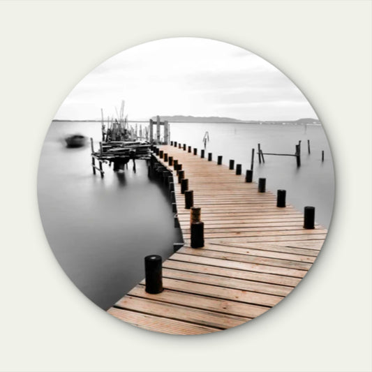Black and White Wooden Pier Lake Acrylic Glass Rounded Print Tempered Glass Wall Art 100% Made in Australia Ready to Hang