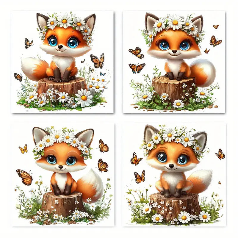 4pcs Charming Fox Wreath Butterfly Wall Art Canvas Framed