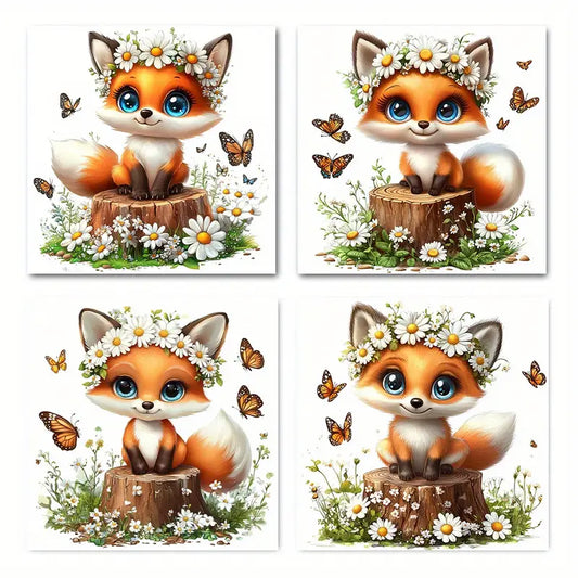 4pcs Charming Fox Wreath Butterfly Wall Art Canvas Framed