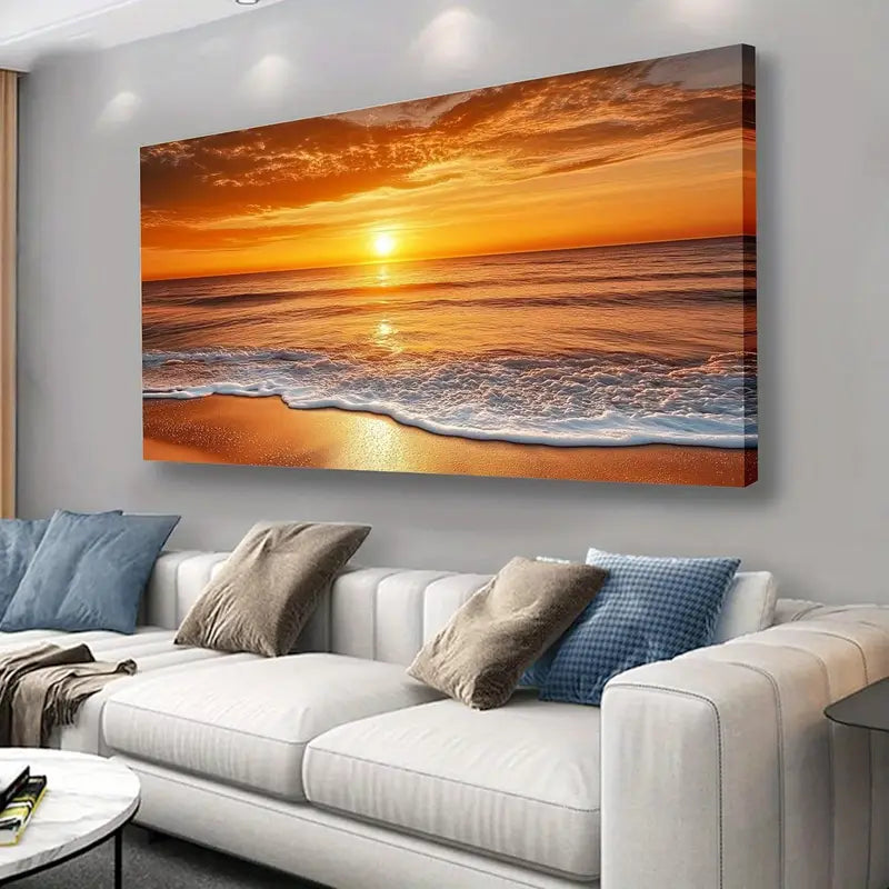 Beach Sunset Vibrant Coastal Wall Art canvas office home room framed 120x60cm - Bella Home Decor