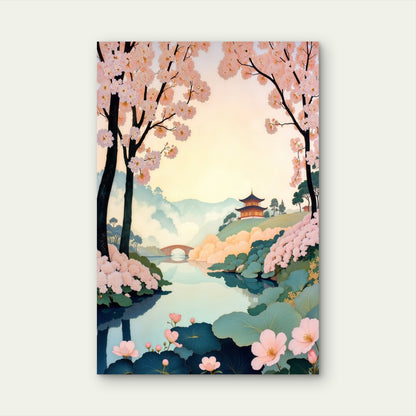 Cherry Blossom Serenity Japanese Pagoda Landscape 40x60cm Metal Print Ready to Hang