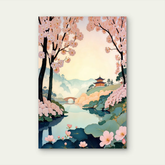 Cherry Blossom Serenity Japanese Pagoda Landscape 60x90cm Metal Print Ready to Hang