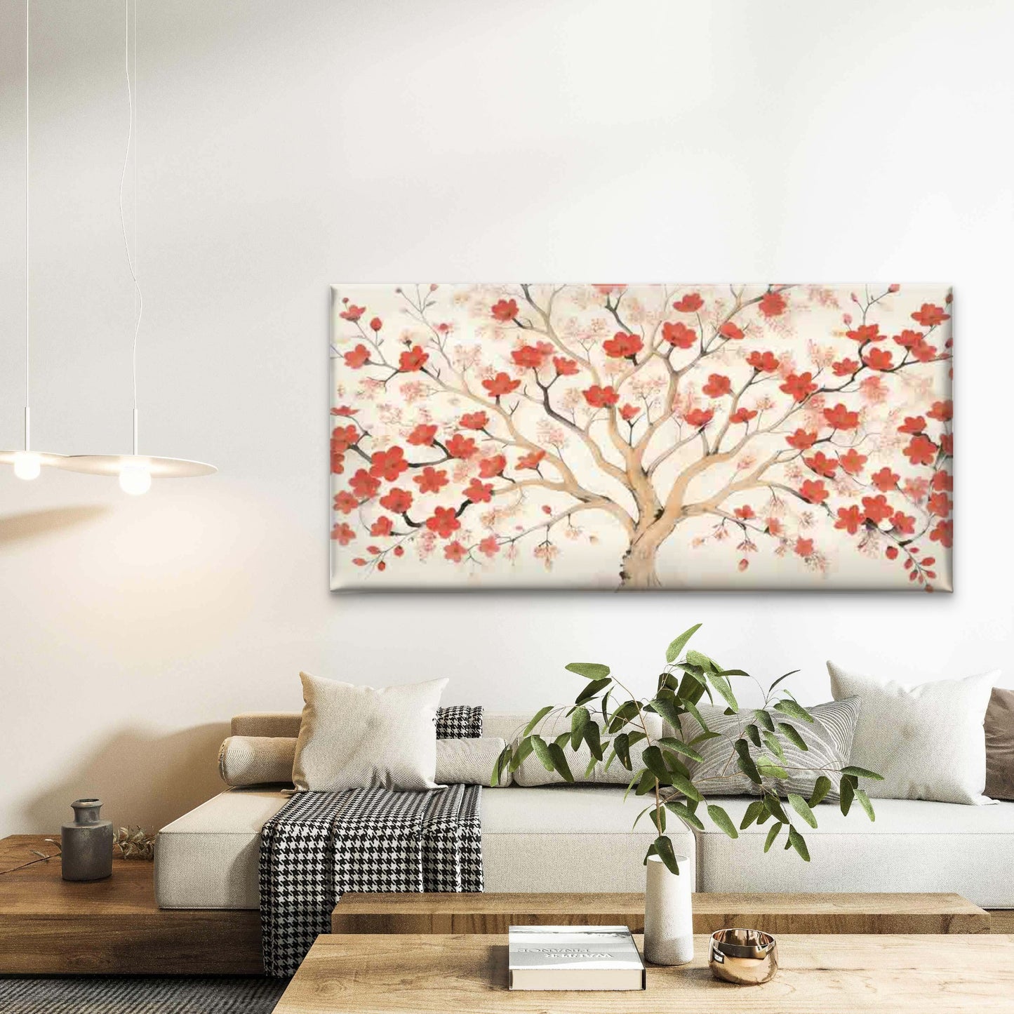 Red Blossom Tree Painting Wall Art Canvas Office Home Room Framed 120x60cm