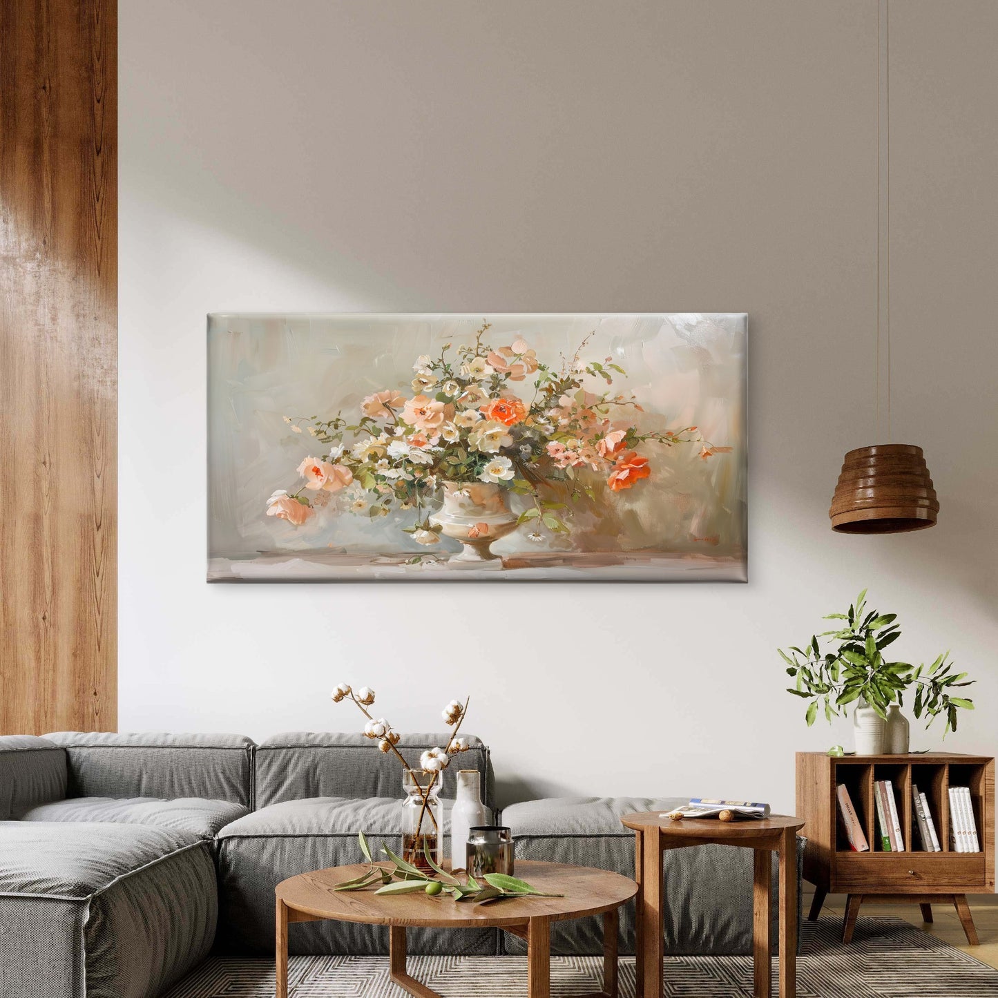 Peach White Flowers Vase Wall Art Canvas Office Home Room Framed 120x60cm