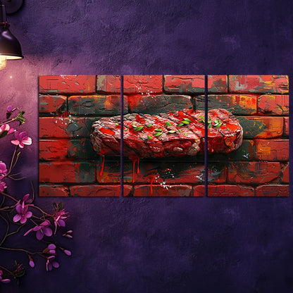3pcs Steak Against a Brick Wall Background Wall Art Set Canvas Framed 40x60cm - High Quality Print 100% Australian Made Wall Canvas Ready to Hang