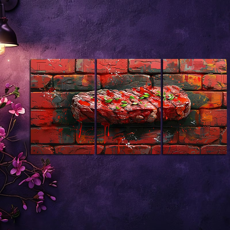 3pcs Steak Against a Brick Wall Background Wall Art Set Canvas Framed 50x70cm - High Quality Print 100% Australian Made Wall Canvas Ready to Hang