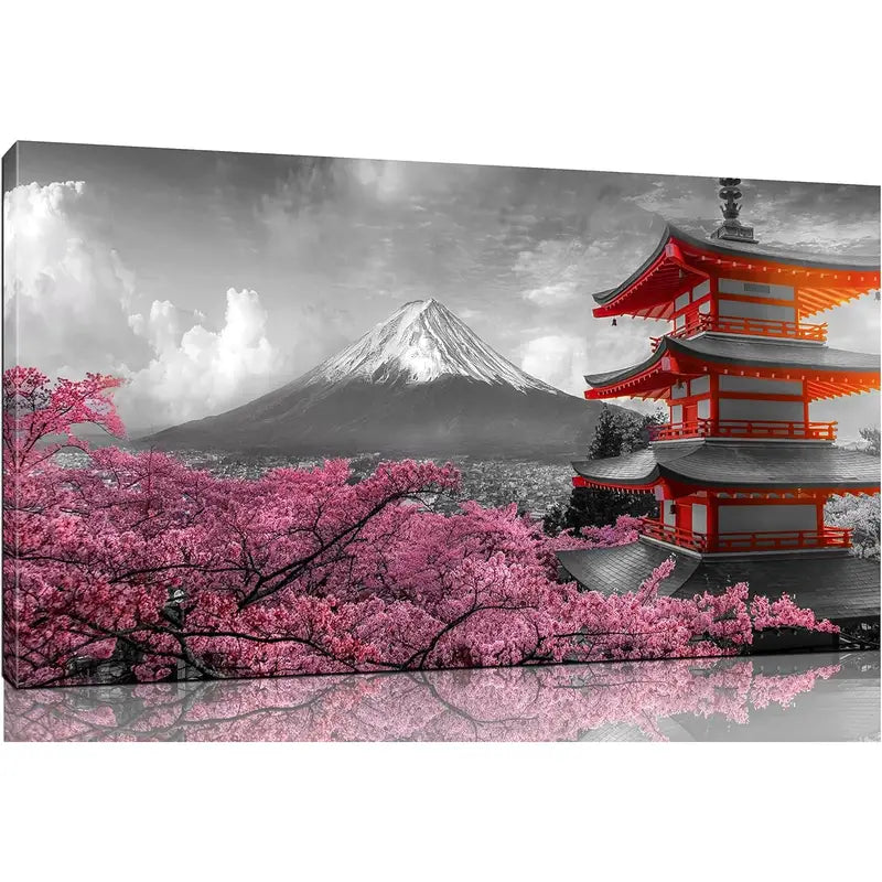 Pink Cherry Blossom & Mount Fuji Wall Art canvas office home room framed 120x60cm - Bella Home Decor
