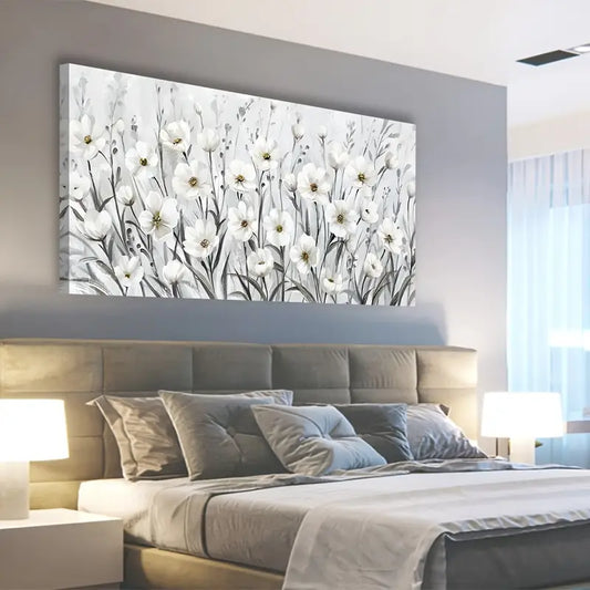 Grey White Wildflowers Botanical Elegant Floral Wall Art canvas office home room framed 120x60cm