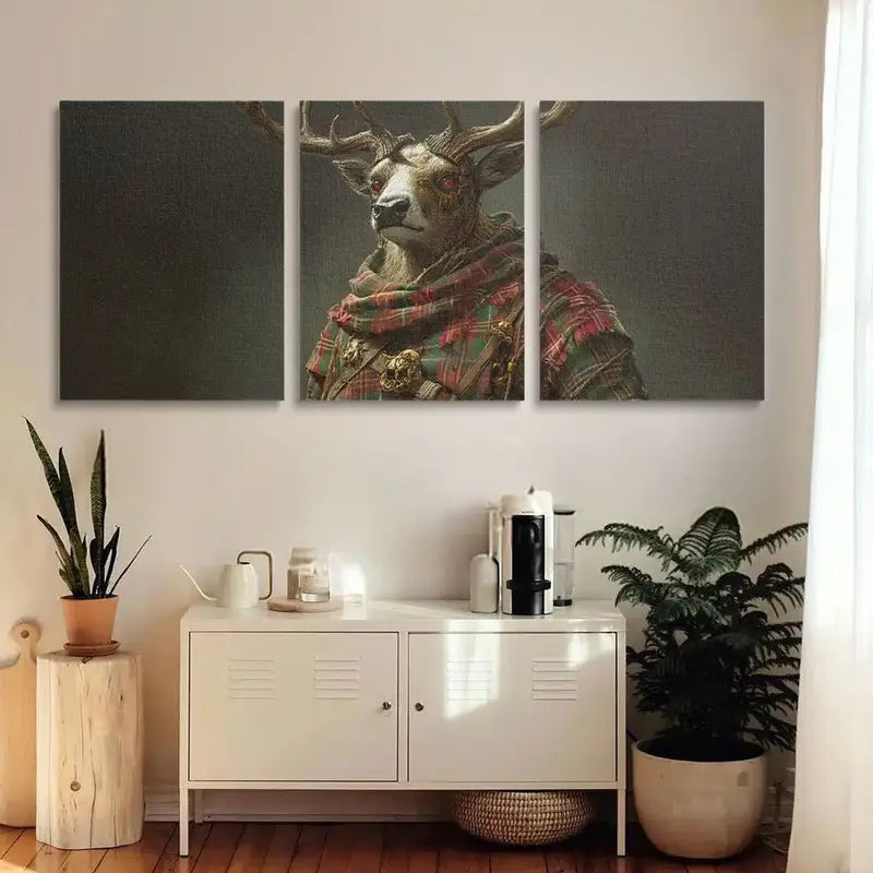 3pcs Deer Alike Humanoid with Tartan Pattern Metal Print Ready to Hang Art