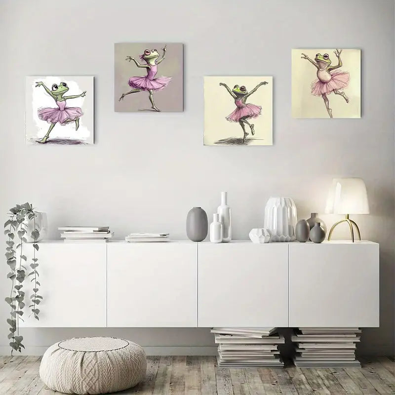 4pcs Whimsical Ballet Frog In Pink Tutu Wall Art Canvas Framed