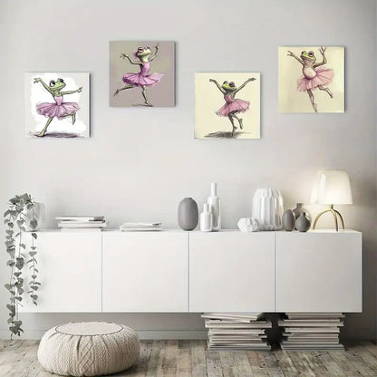 4pcs Whimsical Ballet Frog In Pink Tutu Wall Art Canvas Framed