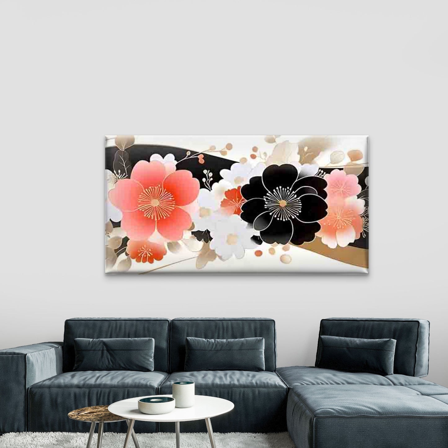 Gold Lines and Multicolor Floral Wall Art Canvas Office Home Room Framed 120x60cm