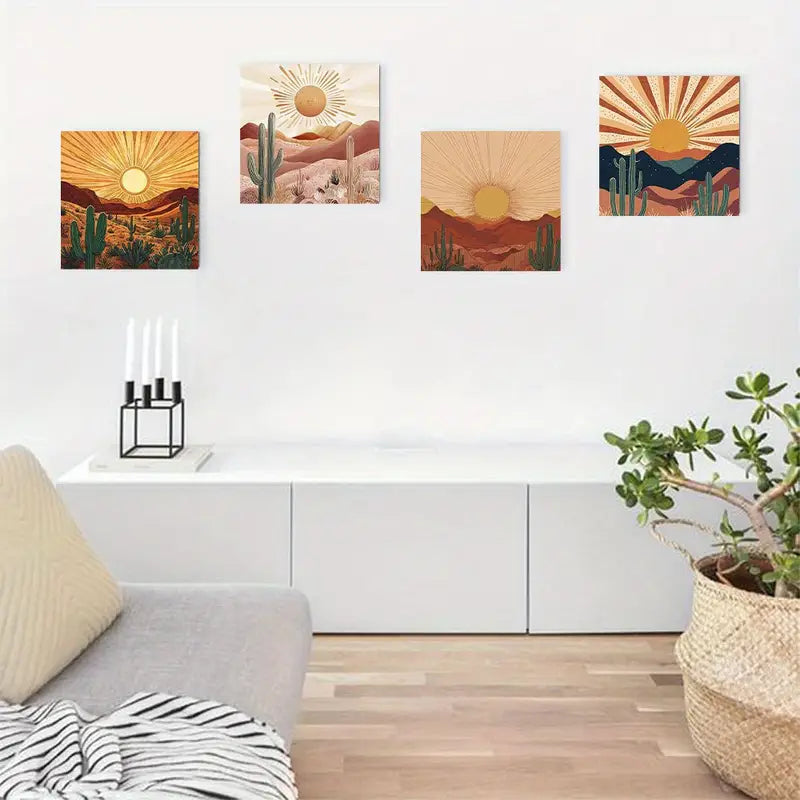 4pcs Cacti & Sun Design, Earthy Tones CST  Wall Art Canvas Framed