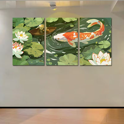 3pcs Fisherman on Boat Casting Net in Lotus Pond Wall Art Set Canvas Framed 60x90cm - High Quality Print 100% Australian Made Wall Canvas Ready to Hang