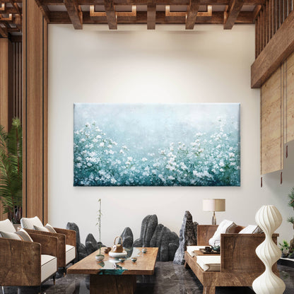 White Blooms Blue Mist Wall Art Canvas Office Home Room Framed 120x60cm - Bella Home Decor