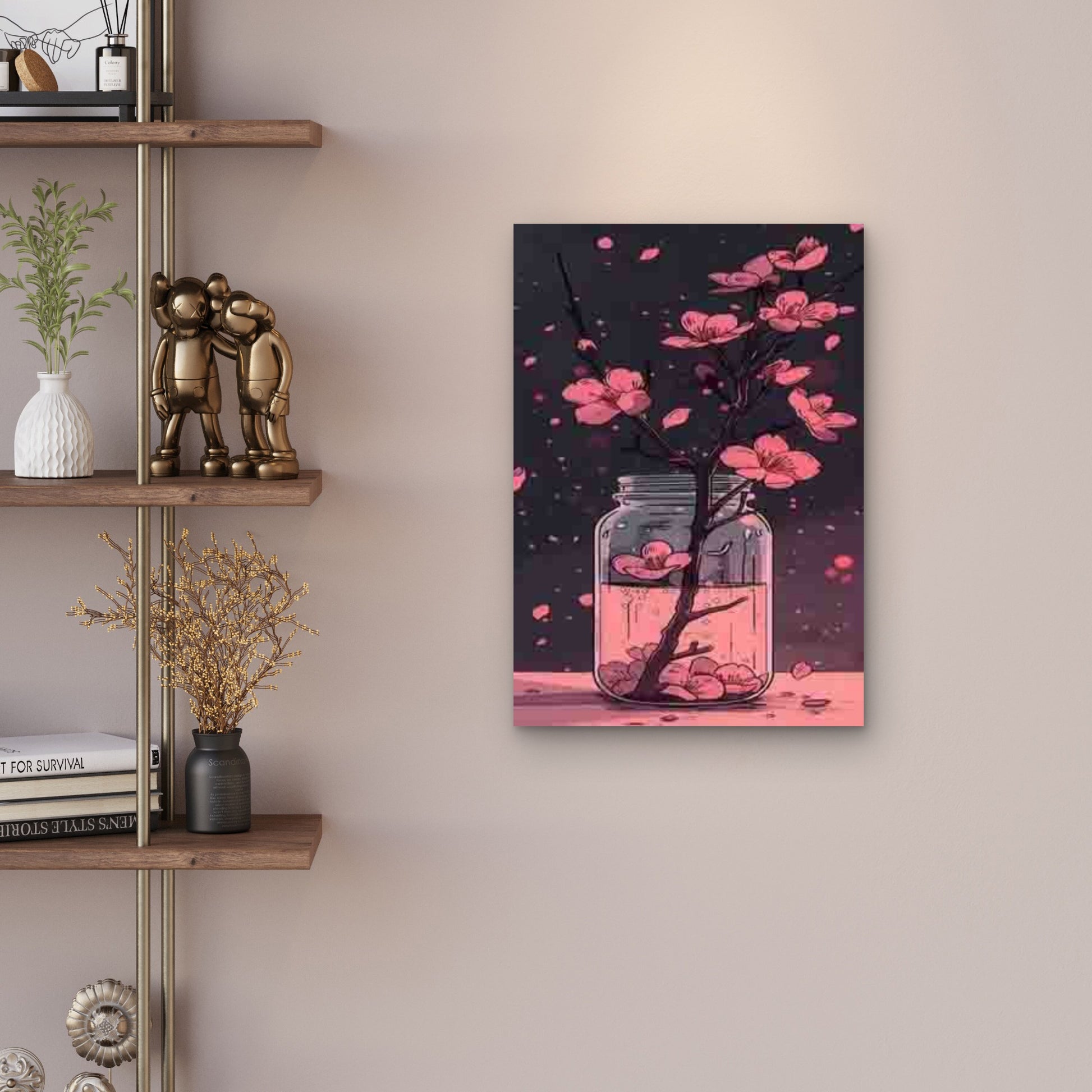 Cherry Blossom Branch in Glass Jar Metal Print Ready to Hang - Bella Home Decor