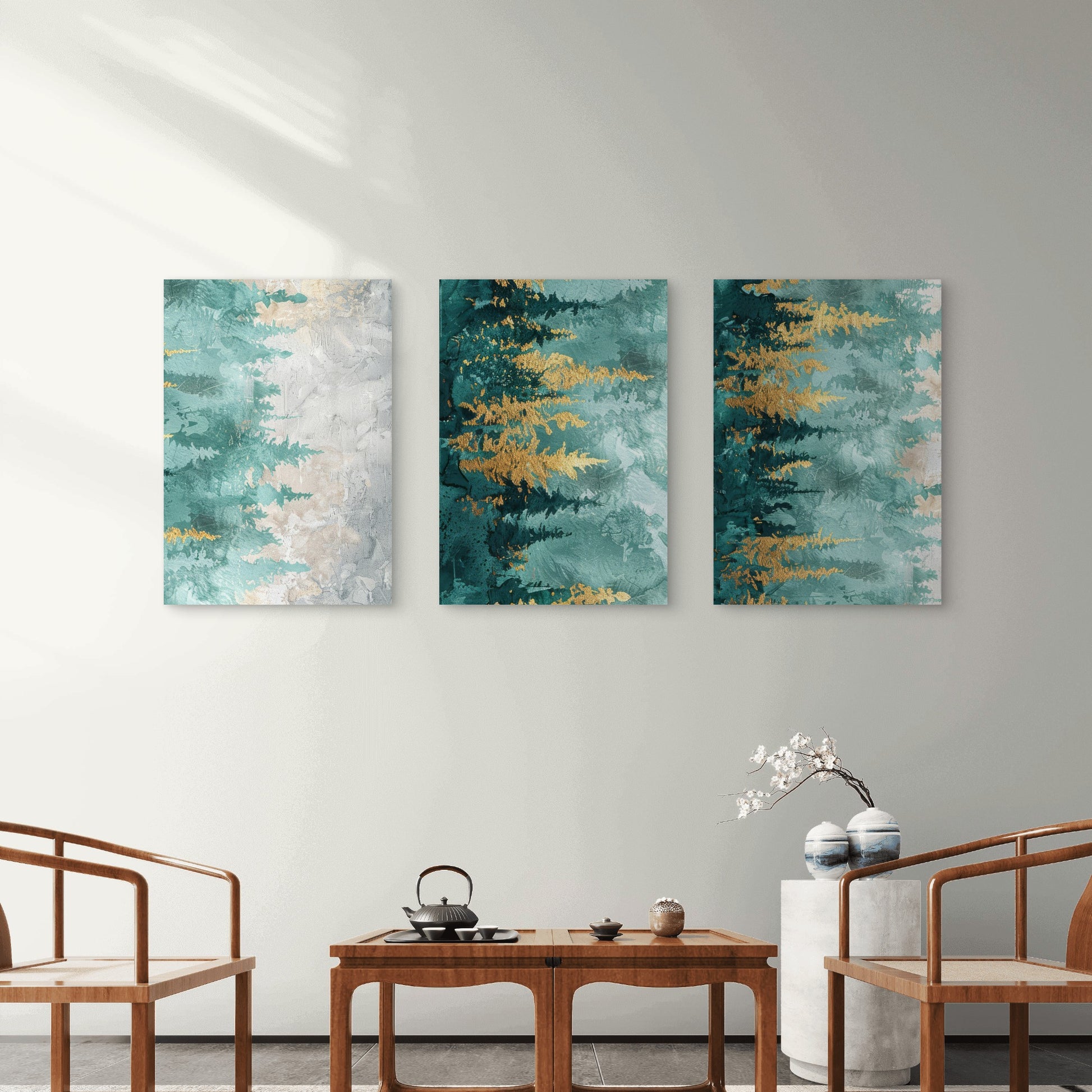 3pcs Abstract Teal Grey Gold Forest Wall Art Set Canvas Framed 40x60cm - High Quality Print 100% Australian Made Wall Canvas Ready to Hang