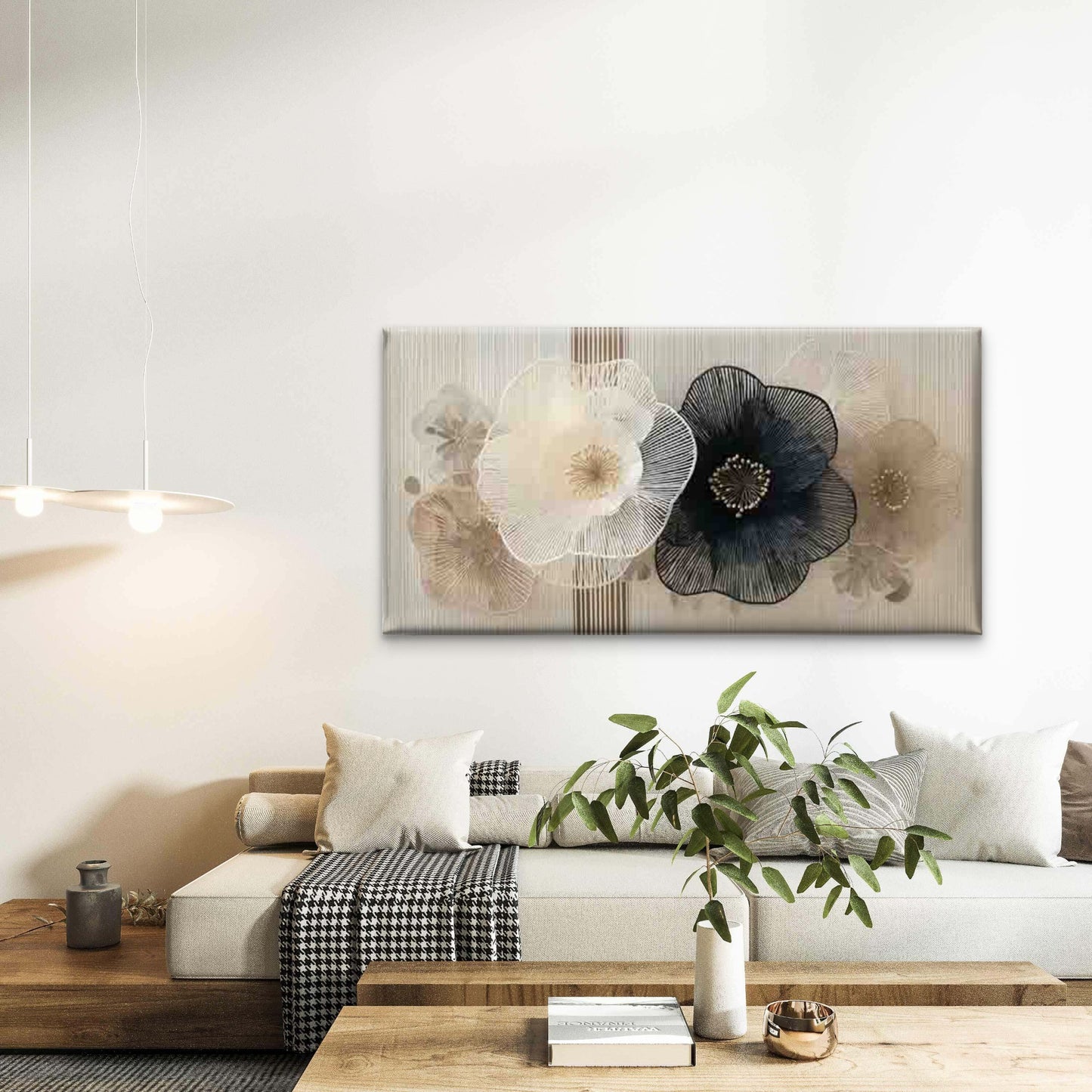 Black & White Floral Designs Wall Art Canvas Office Home Room Framed 120x60cm - Bella Home Decor