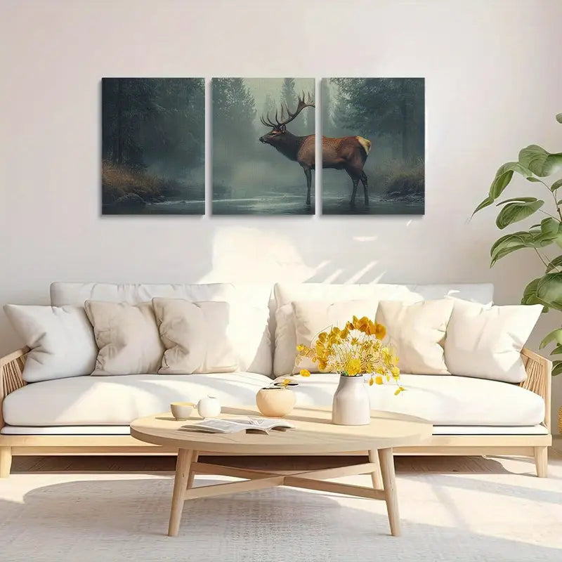 3pcs Deer Forest Nature Scene Misty Road Metal Print Ready to Hang Art