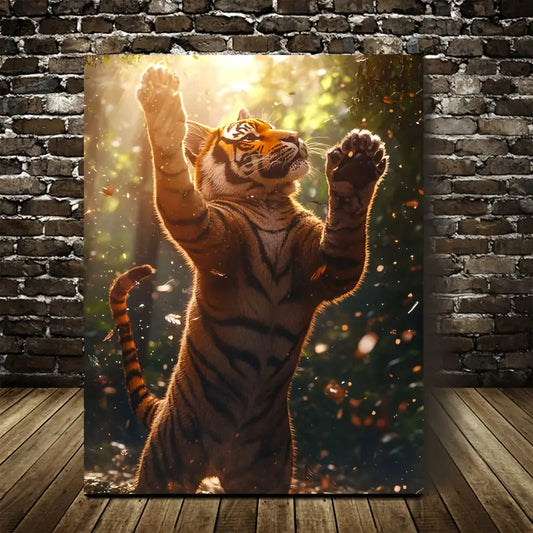 Realistic Tiger Dancing in Magical Forest  40x60cm Metal Print Ready to Hang - Bella Home Decor