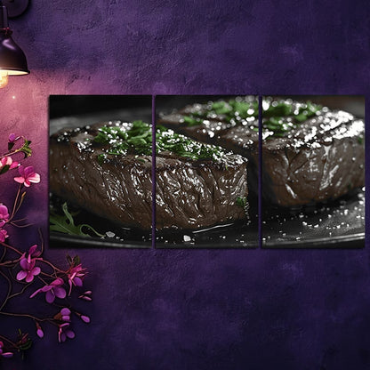 3pcs Cooked Beef Steak served with Fresh Herbs Wall Art Set Canvas Framed 50x70cm - High Quality Print 100% Australian Made Wall Canvas Ready to Hang - Bella Home Decor