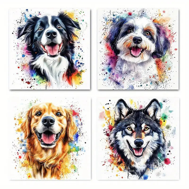 4pcs Dog Lovely Dog Funny Do Wall Art Canvas Framed