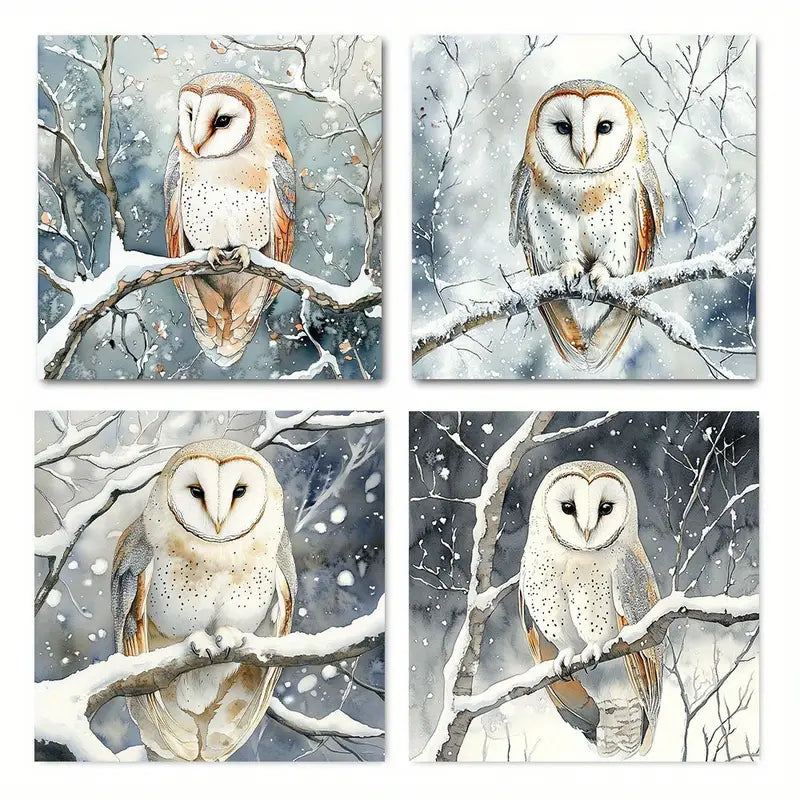 4pcs Barn Owl Snow  Wall Art Canvas Framed