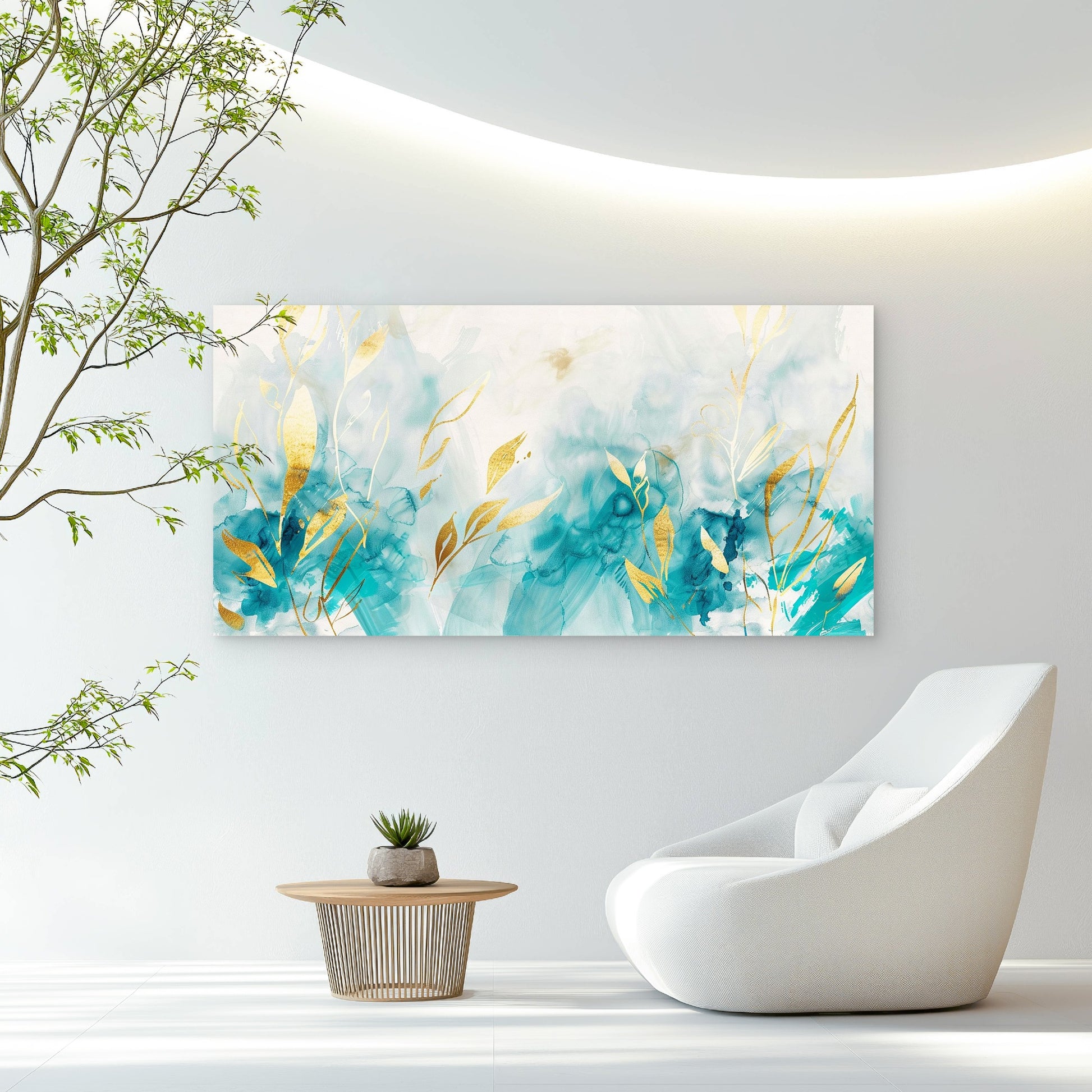 Teal Currents Gilded Leaves Wall Art Canvas Office Home Room Framed 120x60cm - Bella Home Decor
