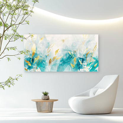 Teal Currents Gilded Leaves Wall Art Canvas Office Home Room Framed 120x60cm - Bella Home Decor